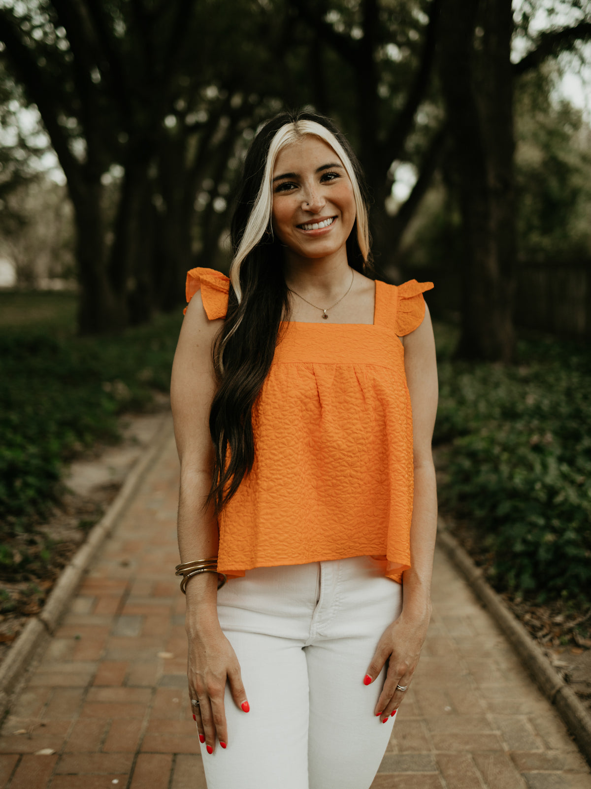 Olly Flower Square Neck Top- Bright Orange