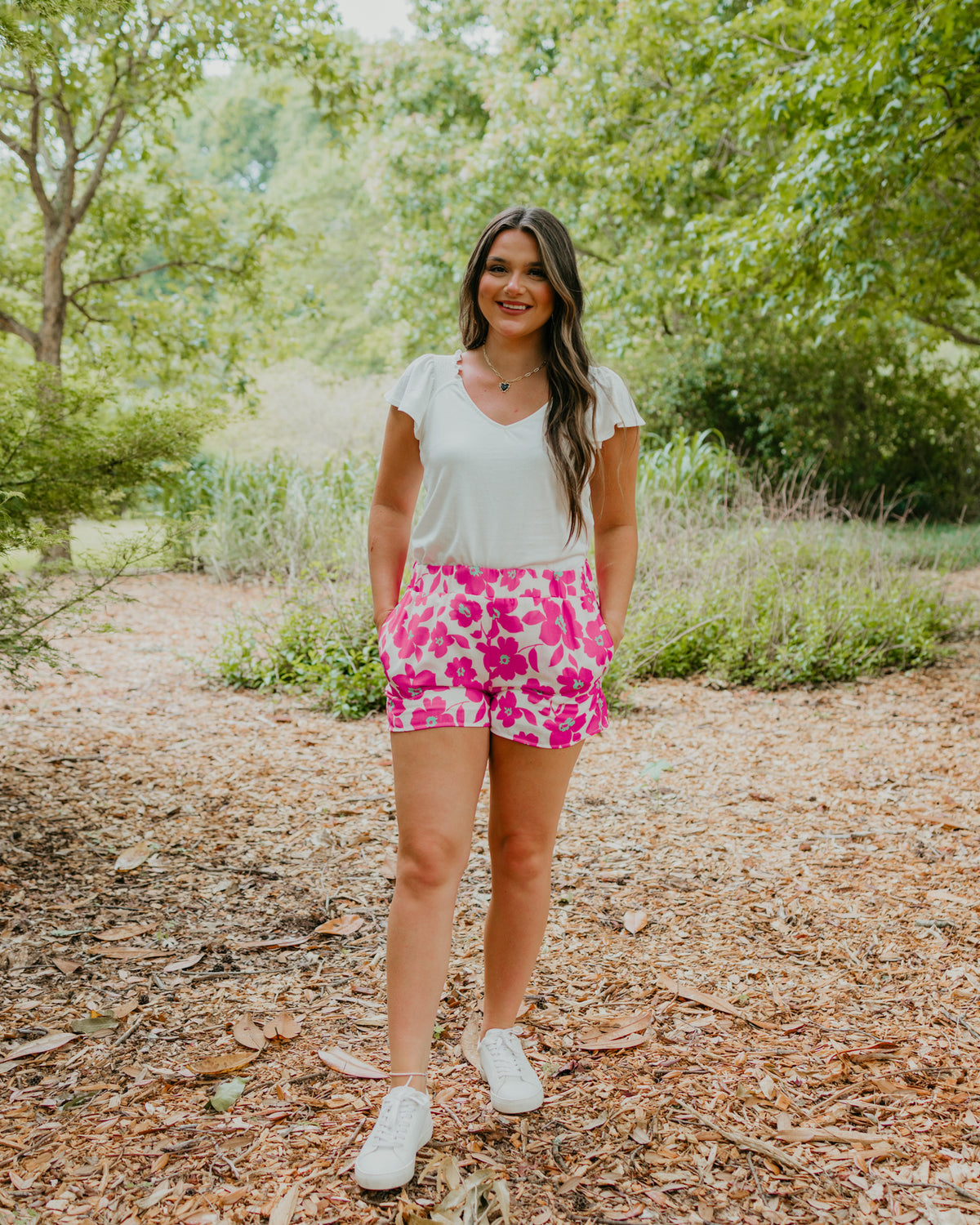 Ivory/Pink Floral High Waisted Shorts