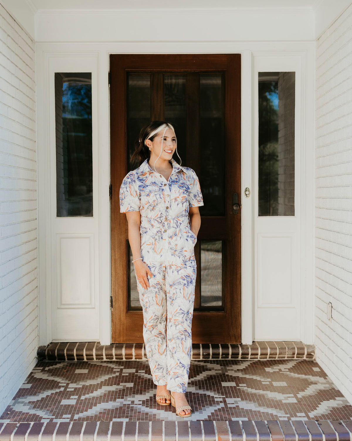 Kate Floral Linen Jumpsuit- Dusty Blue/Beige