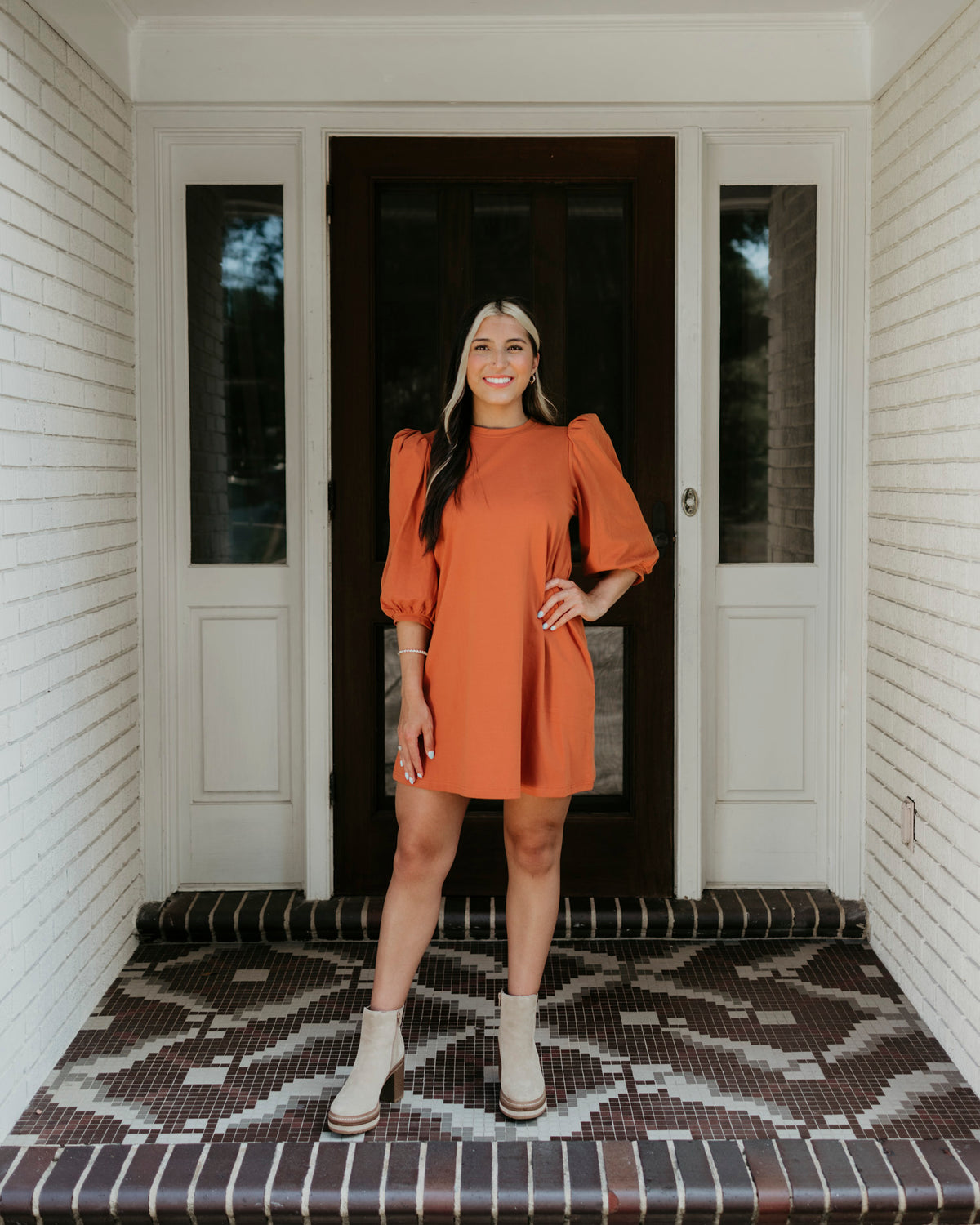Darcy Puff Sleeve Mini Dress- Burnt Orange – The Lovety Boutique Darcy Puff Sleeve Mini Dress- Burnt Orange – The Lovety Boutique